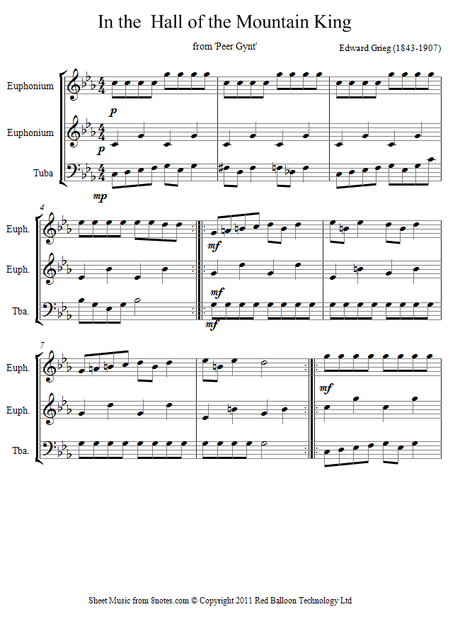 Grieg - In the Hall of the Mountain King sheet music for 2-Euphoniums-Tuba Grieg - In the Hall of the Mountain King sheet music for 2-Euphoniums-Tuba