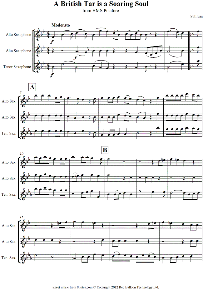 Sullivan - A British Tar is a Soaring Soul from HMS Pinafore sheet music for 2-Altos-Tenor-Sax Sullivan - A British Tar is a Soaring Soul from HMS Pinafore sheet music for 2-Altos-Tenor-Sax