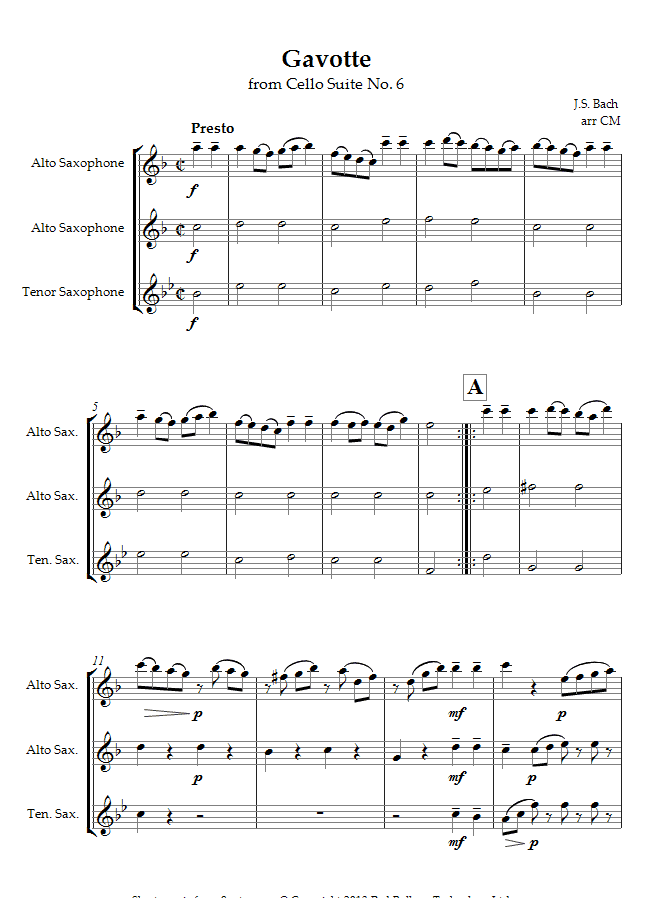 Bach - Gavotte from Cello Suite No.6 sheet music for 2-Altos-Tenor-Sax Bach - Gavotte from Cello Suite No.6 sheet music for 2-Altos-Tenor-Sax