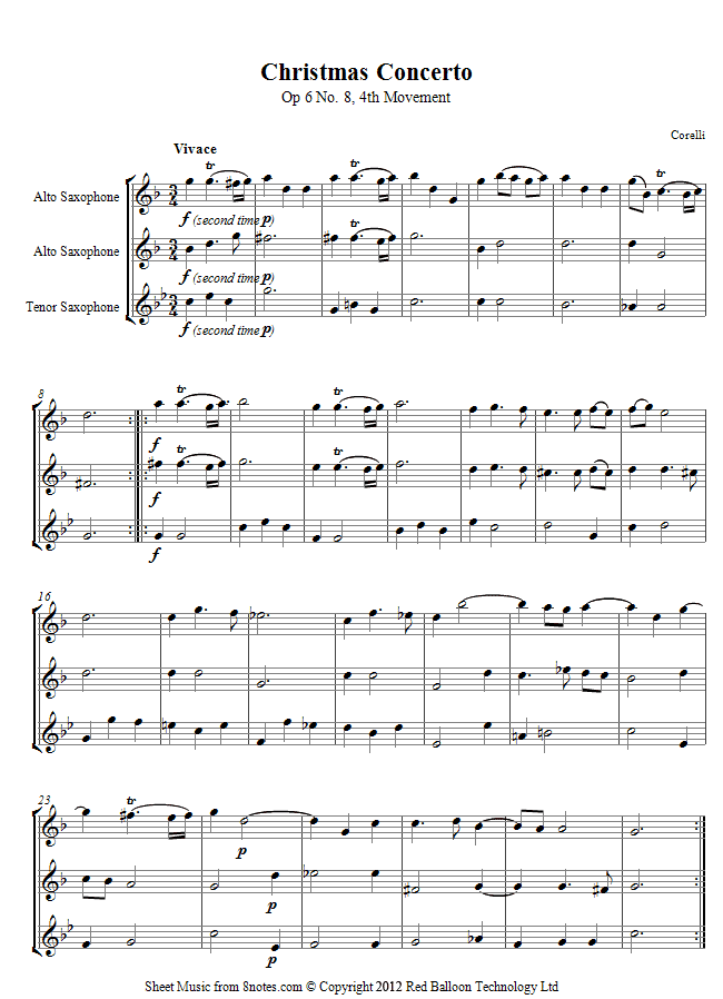 Corelli - Christmas Concerto Op 6 No. 8, Pastorale sheet music for 2-Altos-Tenor-Sax Corelli - Christmas Concerto Op 6 No. 8, Pastorale sheet music for 2-Altos-Tenor-Sax
