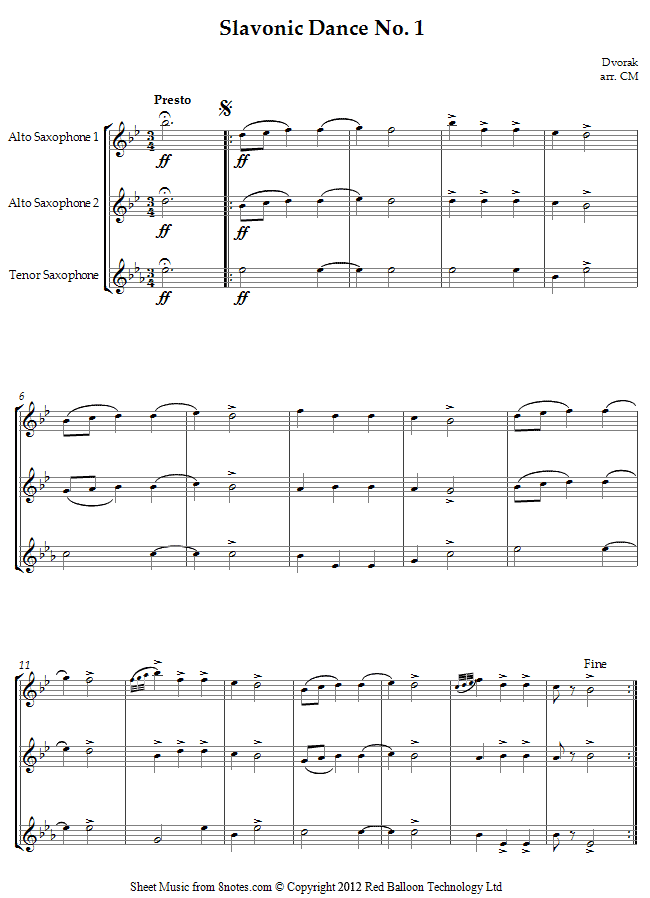 Dvořák - Slavonic Dance No. 1 sheet music for 2-Altos-Tenor-Sax Dvořák - Slavonic Dance No. 1 sheet music for 2-Altos-Tenor-Sax