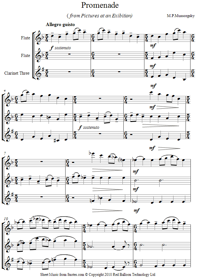 Mussorgsky - Promenade from Pictures at an Exhibition sheet music for 2-Flutes-Clarinet Mussorgsky - Promenade from Pictures at an Exhibition sheet music for 2-Flutes-Clarinet