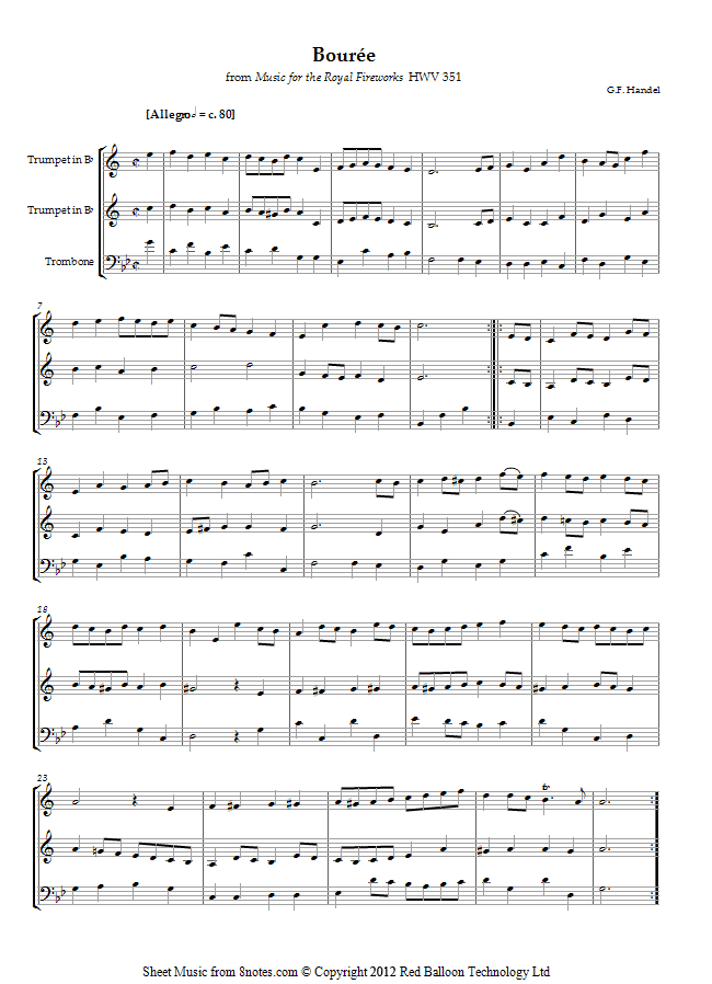 Handel - Bouree from Music for the Royal Fireworks sheet music for 2-Trumpets-Trombone Handel - Bouree from Music for the Royal Fireworks sheet music for 2-Trumpets-Trombone