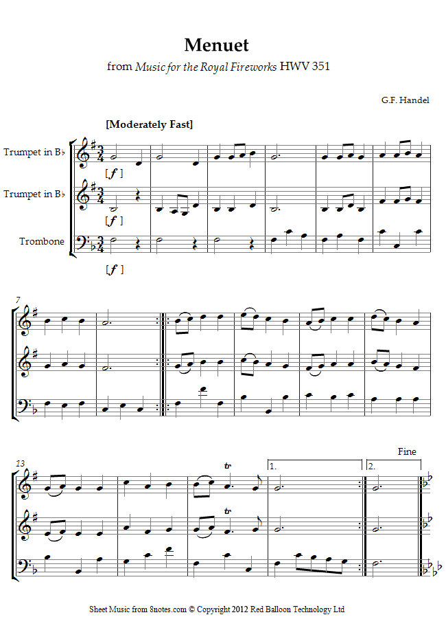 Handel - Menuet from Music for the Royal Fireworks sheet music for 2-Trumpets-Trombone Handel - Menuet from Music for the Royal Fireworks sheet music for 2-Trumpets-Trombone