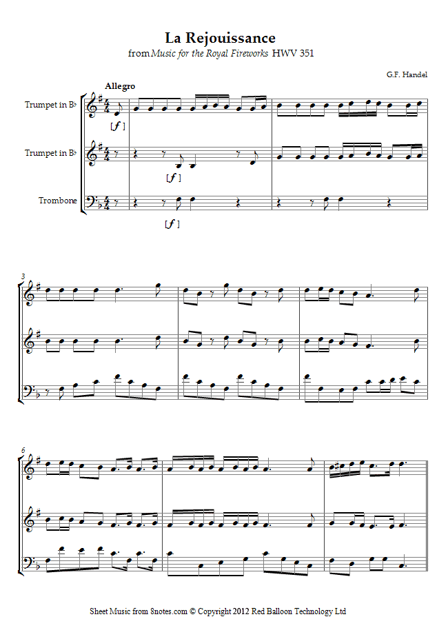 Handel - La Rejouissance from Music for the Royal Fireworks HWV 351 sheet music for 2-Trumpets-Trombone Handel - La Rejouissance from Music for the Royal Fireworks HWV 351 sheet music for 2-Trumpets-Trombone