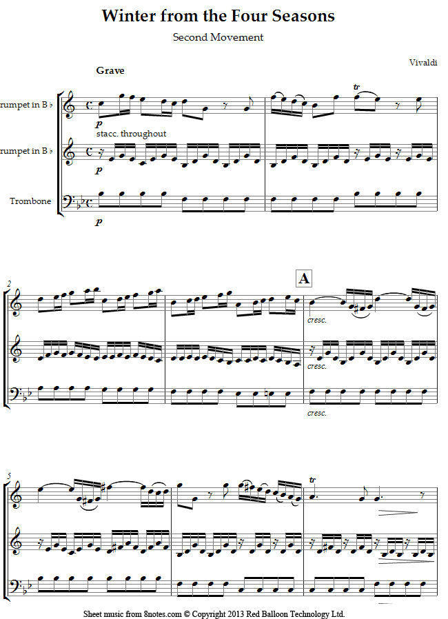 Vivaldi - Winter from the Four Seasons 2nd movement sheet music for 2-Trumpets-Trombone Vivaldi - Winter from the Four Seasons 2nd movement sheet music for 2-Trumpets-Trombone