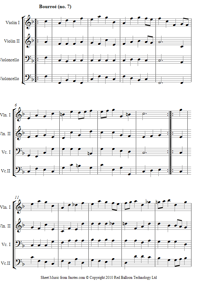 Handel - Bourree no.7 from Water Music sheet music for 2-Violins-2-Cellos Handel - Bourree no.7 from Water Music sheet music for 2-Violins-2-Cellos