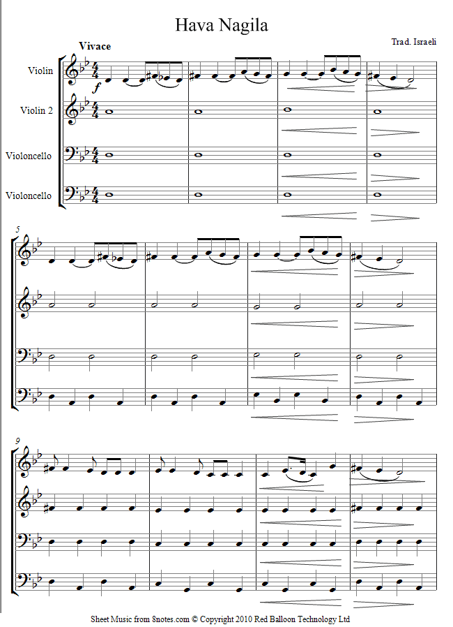 Hava Nagila sheet music for 2-Violins-2-Cellos Hava Nagila sheet music for 2-Violins-2-Cellos