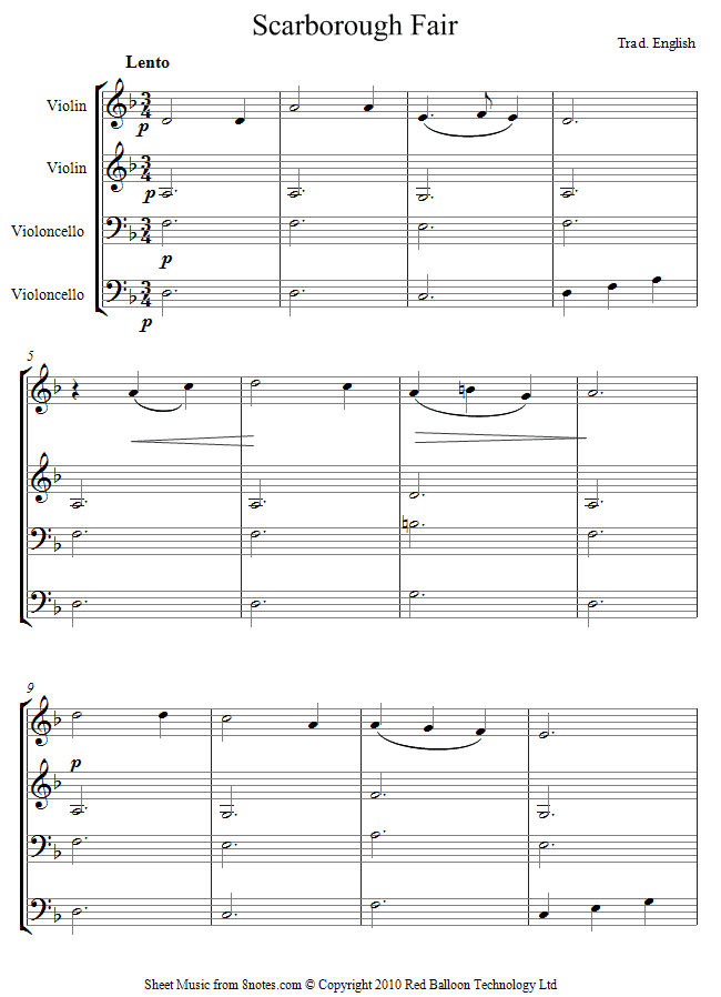 Scarborough Fair sheet music for 2-Violins-2-Cellos Scarborough Fair sheet music for 2-Violins-2-Cellos