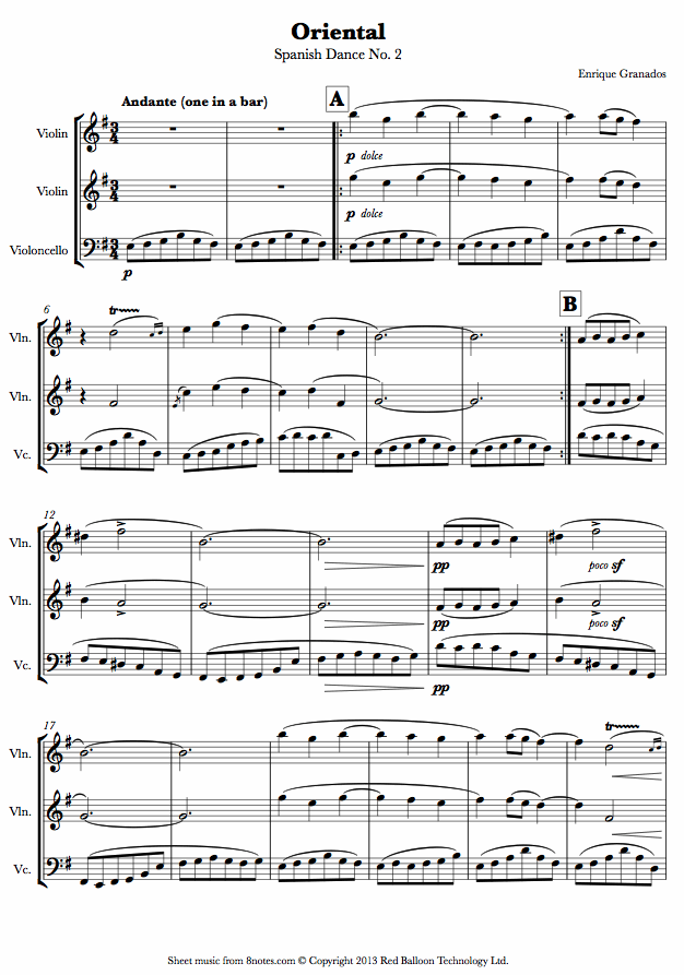Granados - Oriental - Spanish Dance No. 2 sheet music for 2-Violins-Cello Granados - Oriental - Spanish Dance No. 2 sheet music for 2-Violins-Cello