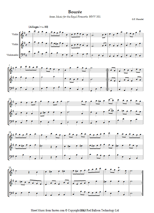 Handel - Bouree from Music for the Royal Fireworks HWV 351 sheet music for 2-Violins-Cello Handel - Bouree from Music for the Royal Fireworks HWV 351 sheet music for 2-Violins-Cello