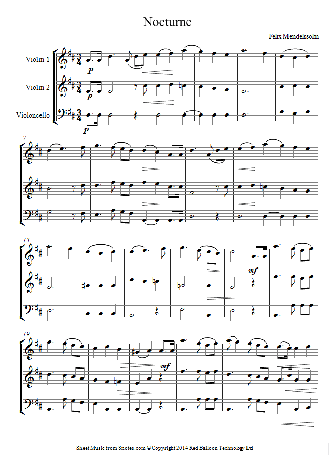 Mendelssohn - Nocturne from Midsummer Nights Dream sheet music for 2-Violins-Cello Mendelssohn - Nocturne from Midsummer Nights Dream sheet music for 2-Violins-Cello