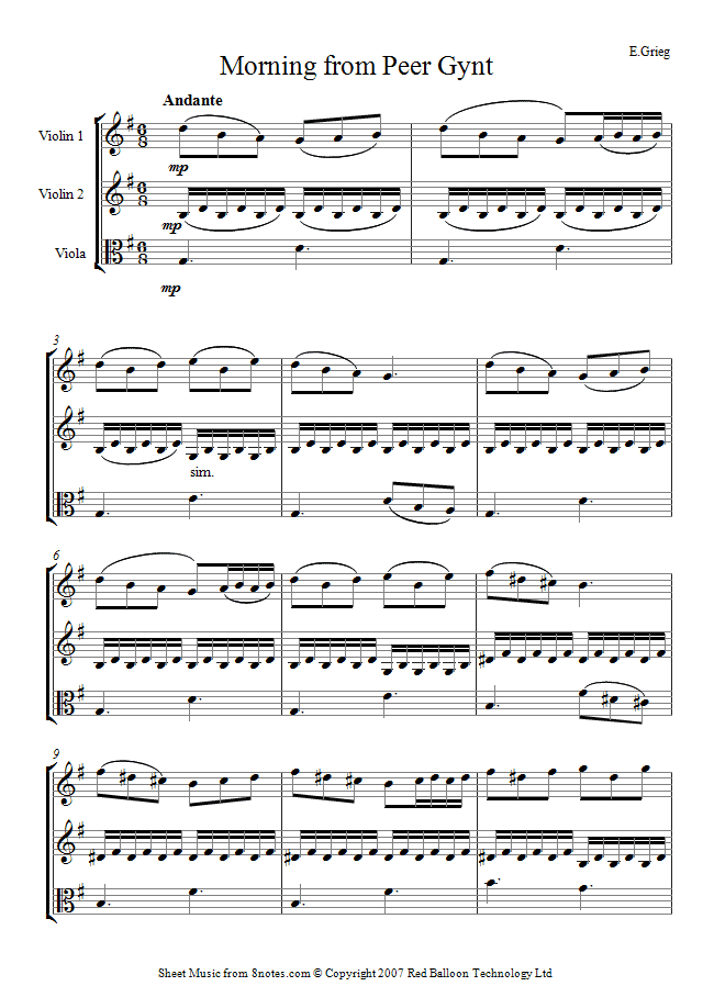 Grieg - Morning from Peer Gynt sheet music for 2-violins-viola Grieg - Morning from Peer Gynt sheet music for 2-violins-viola