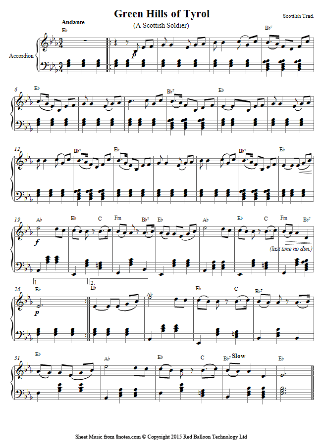 Green Hills of Tyrol (A Scottish Soldier) sheet music for Accordion