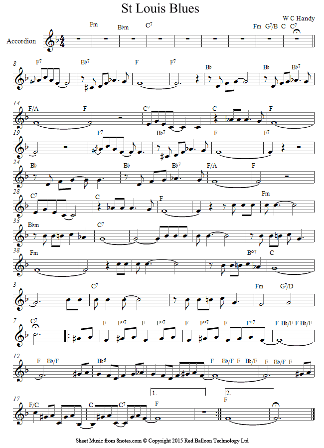 W C Handy - St Louis Blues sheet music for Accordion - 8notes.com
