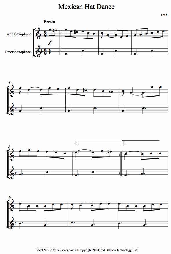 Mexican Hat Dance (Mexico) sheet music for Alto-Tenor-Sax Duet Mexican Hat Dance (Mexico) sheet music for Alto-Tenor-Sax Duet