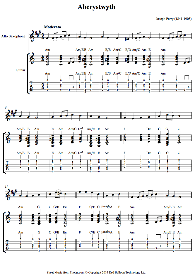Parry Aberystwyth sheet music for Alto SaxGuitar Duet