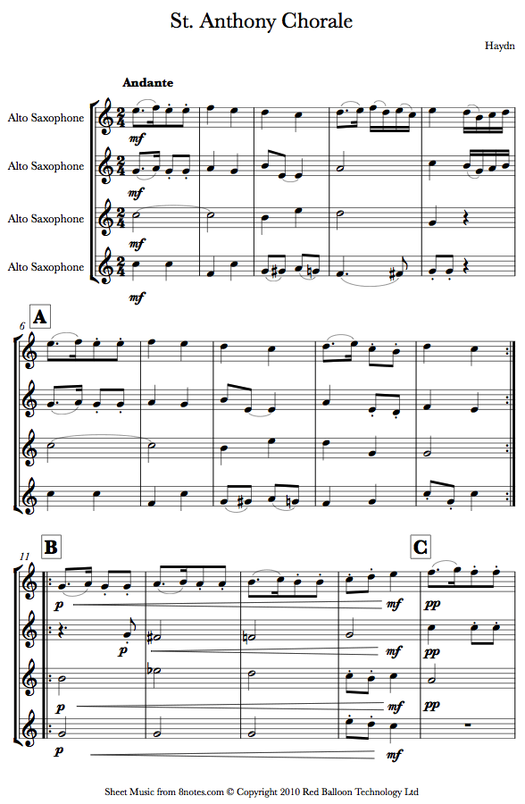 Haydn St. Anthony Chorale sheet music for Alto Sax Quartet