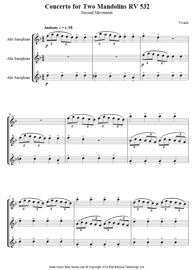 Vivaldi - Concerto for Two Mandolins RV 532 sheet music for Alto Sax Trio Vivaldi - Concerto for Two Mandolins RV 532 sheet music for Alto Sax Trio