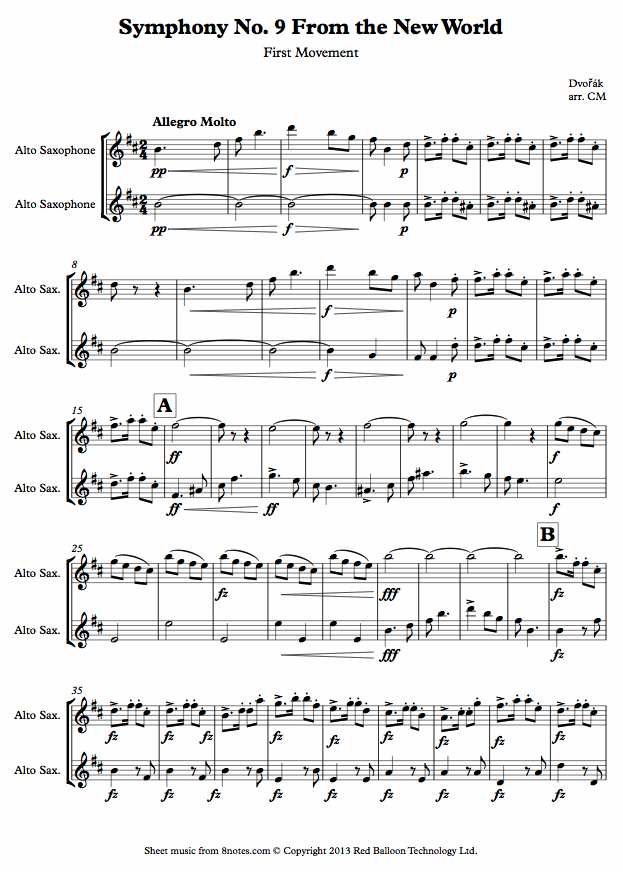 Dvořák - Symphony No. 9 From the New World 1st movement sheet music for Alto Saxophone Duet Dvořák - Symphony No. 9 From the New World 1st movement sheet music for Alto Saxophone Duet