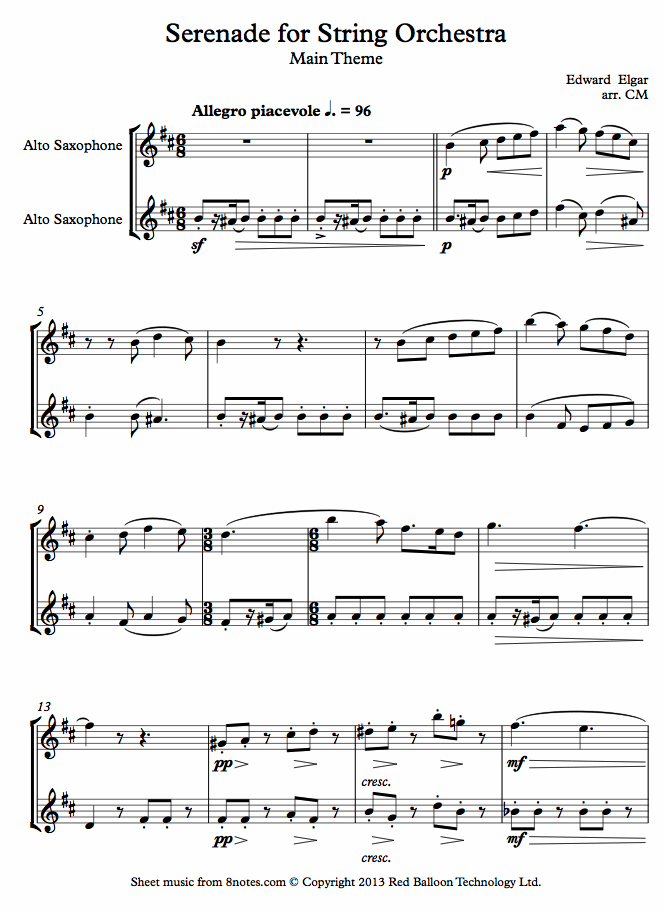 Elgar - Serenade for String Orchestra Main Theme sheet music for Alto Saxophone Duet Elgar - Serenade for String Orchestra Main Theme sheet music for Alto Saxophone Duet
