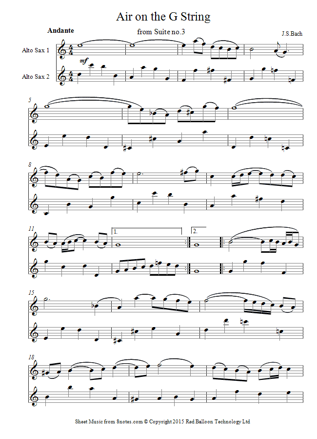 Bach Air on the G string sheet music for Alto Saxophone Duet