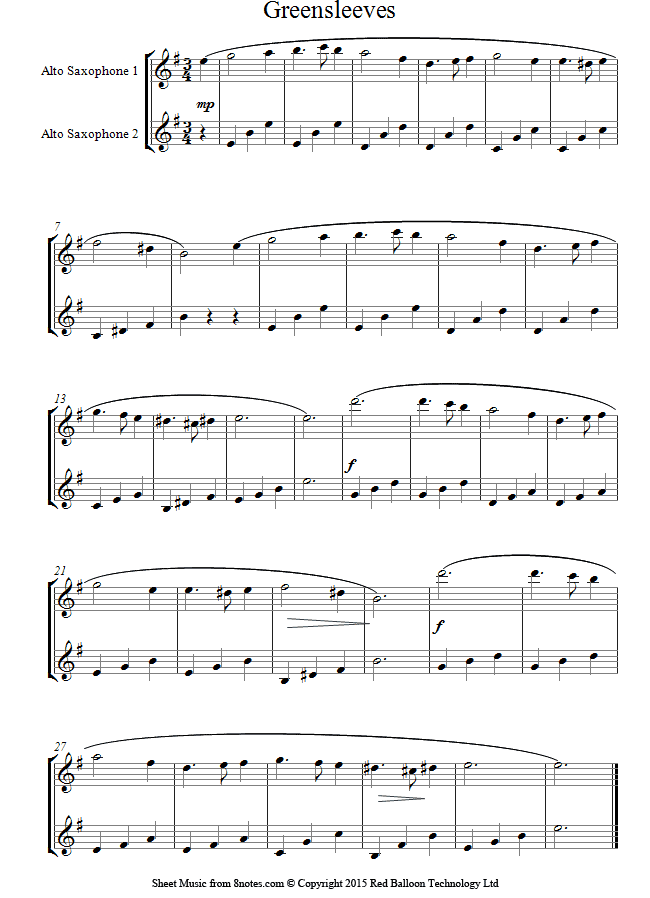 Greensleeves sheet music for Alto Saxophone Duet