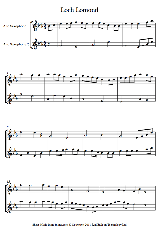 Loch Lomond sheet music for Alto Saxophone Duet