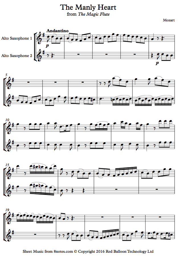 Mozart The Manly Heart with Love O'Erflowing from Magic Flute sheet