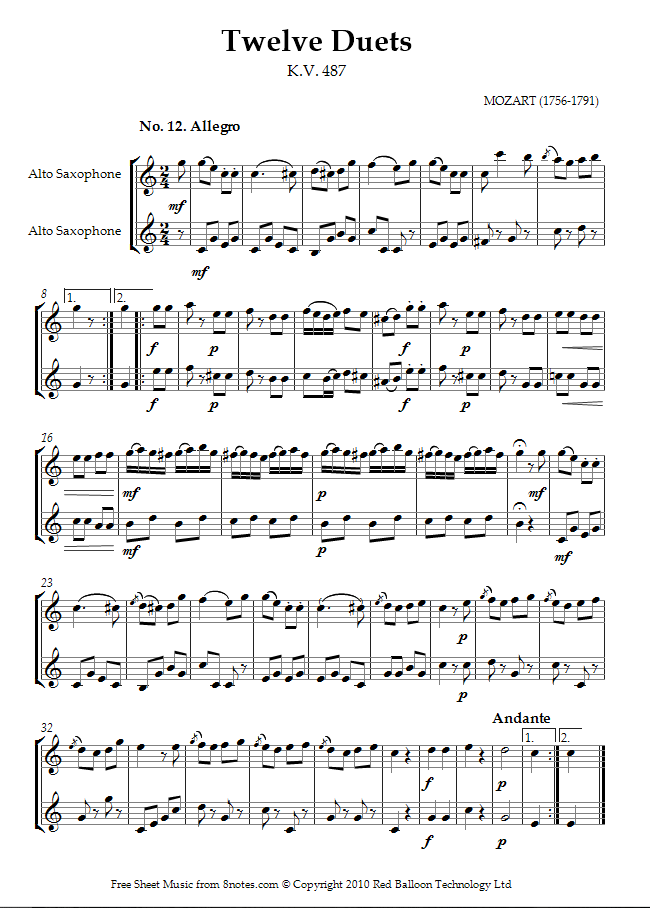 Mozart Twelve Duets k.487 no.12 sheet music for Alto Saxophone Duet