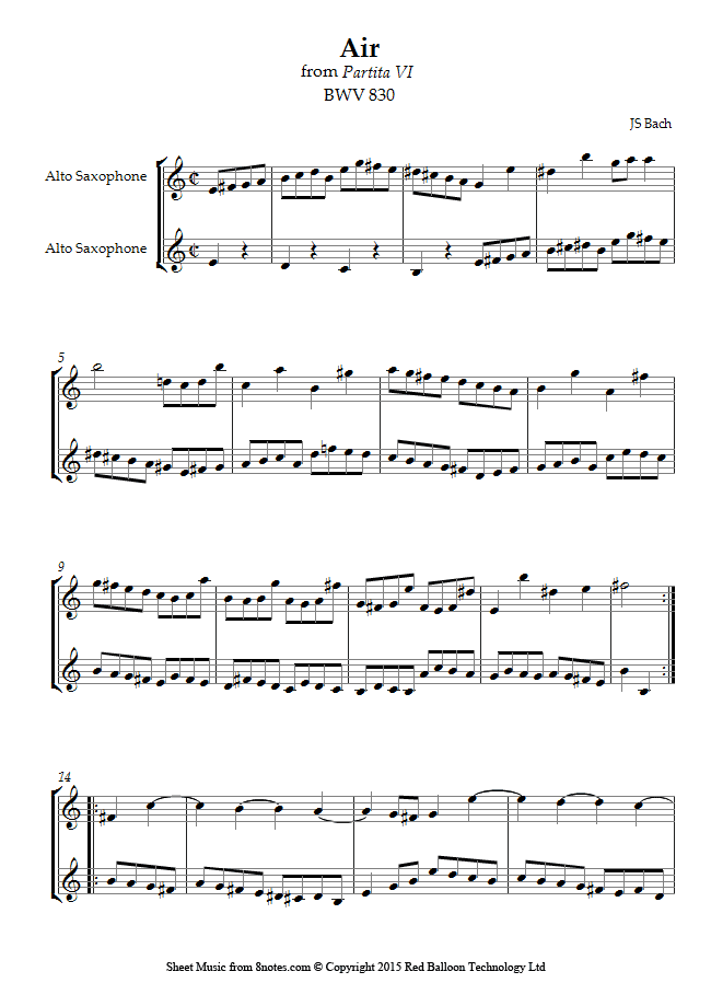 Bach Air from Partita VI BWV 830 sheet music for Alto Saxophone Duet