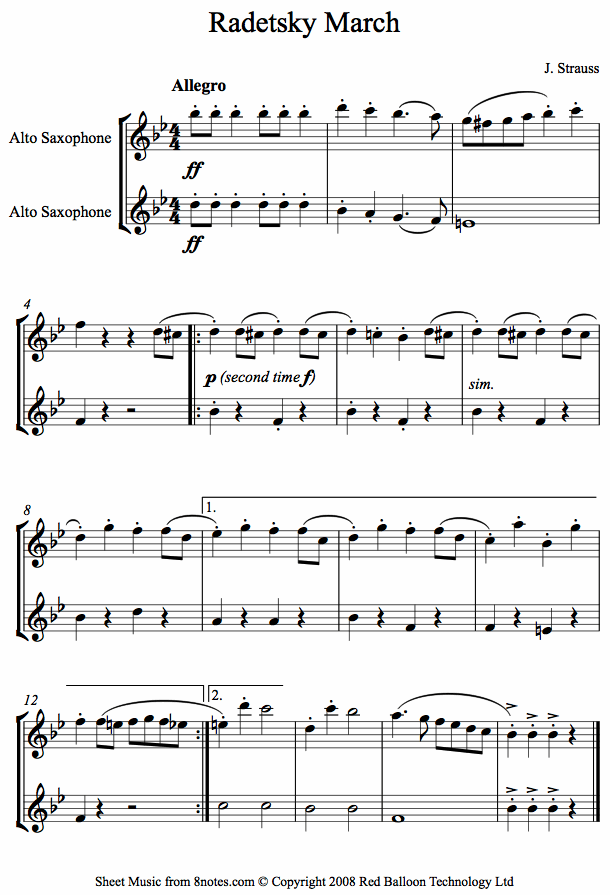 Strauss I - Radetsky March sheet music for Alto Saxophone Duet Strauss I - Radetsky March sheet music for Alto Saxophone Duet