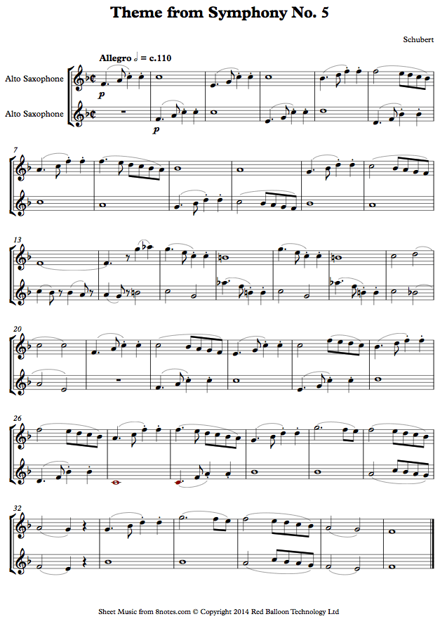 Schubert - Theme from Symphony No.5 sheet music for Alto Saxophone Duet Schubert - Theme from Symphony No.5 sheet music for Alto Saxophone Duet
