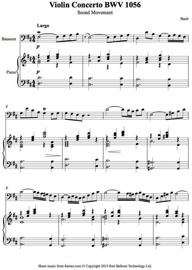 Bach - Violin Concerto 2nd mvt (arranged for bassoon) sheet music for Bassoon Bach - Violin Concerto 2nd mvt (arranged for bassoon) sheet music for Bassoon