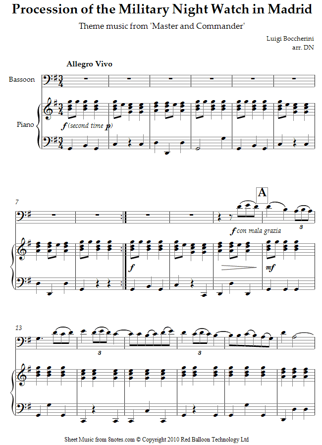 Luigi Boccherini - Procession of the Military Night Watch in Madrid (Theme from Master and Commander ) sheet music for Bassoon Luigi Boccherini - Procession of the Military Night Watch in Madrid (Theme from Master and Commander ) sheet music for Bassoon