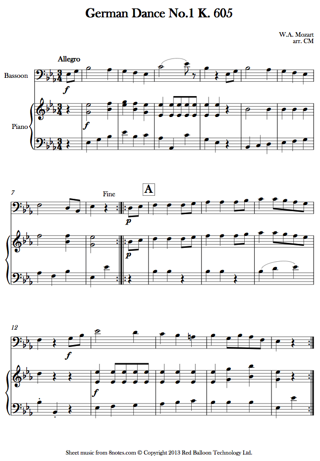 Mozart German Dance No.1 K. 605 sheet music for Bassoon