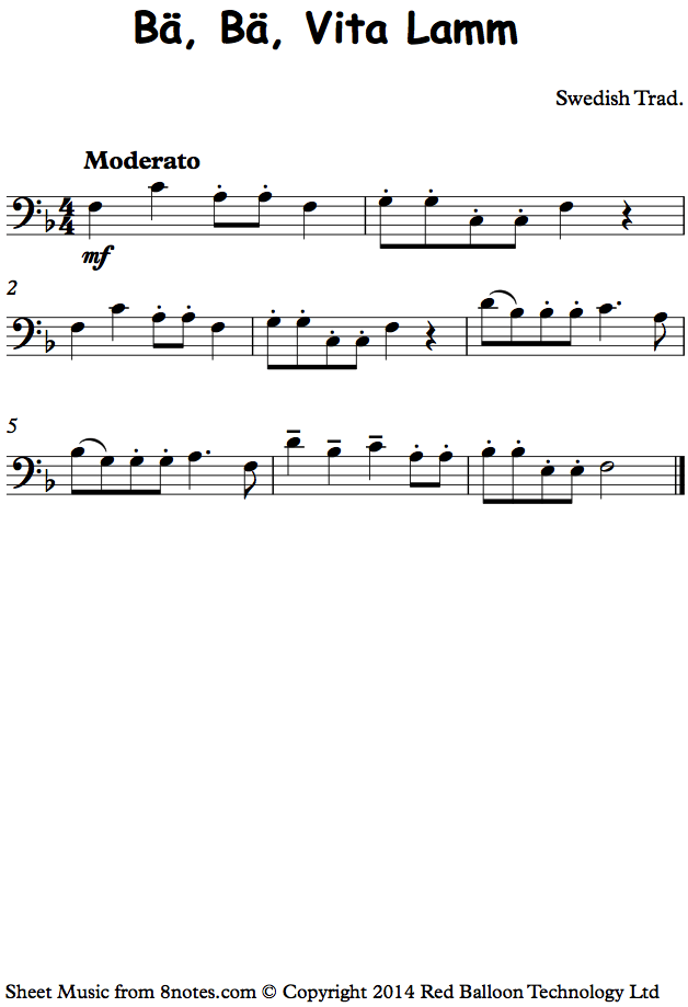Ba, Ba, Vita Lamm (Swedish Trad.) sheet music for Bassoon