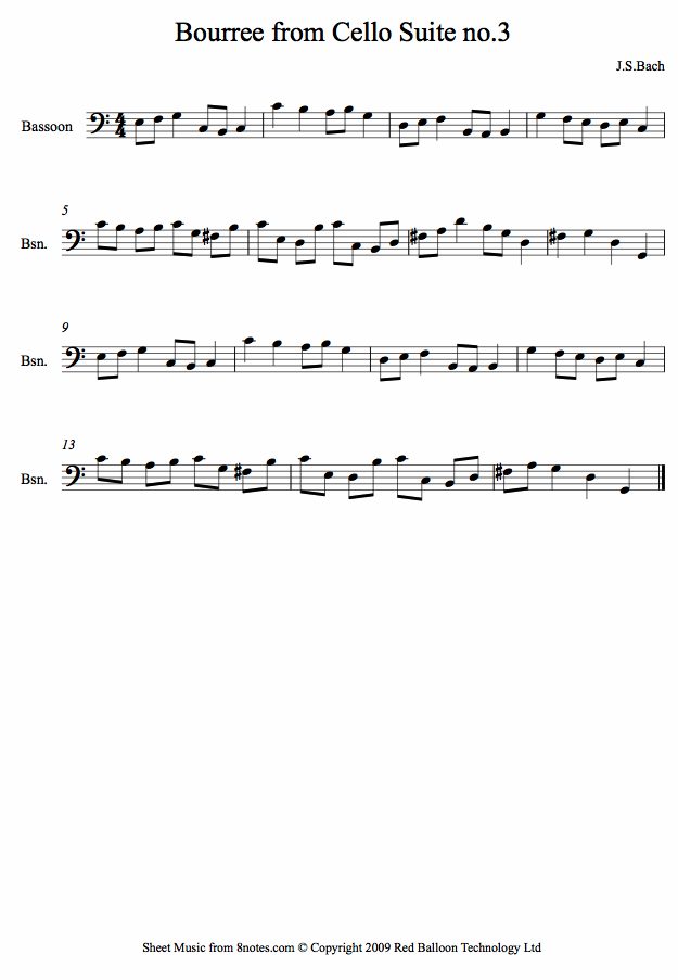 Bach - Bourree from Cello Suite no.3 sheet music for Bassoon Bach - Bourree from Cello Suite no.3 sheet music for Bassoon