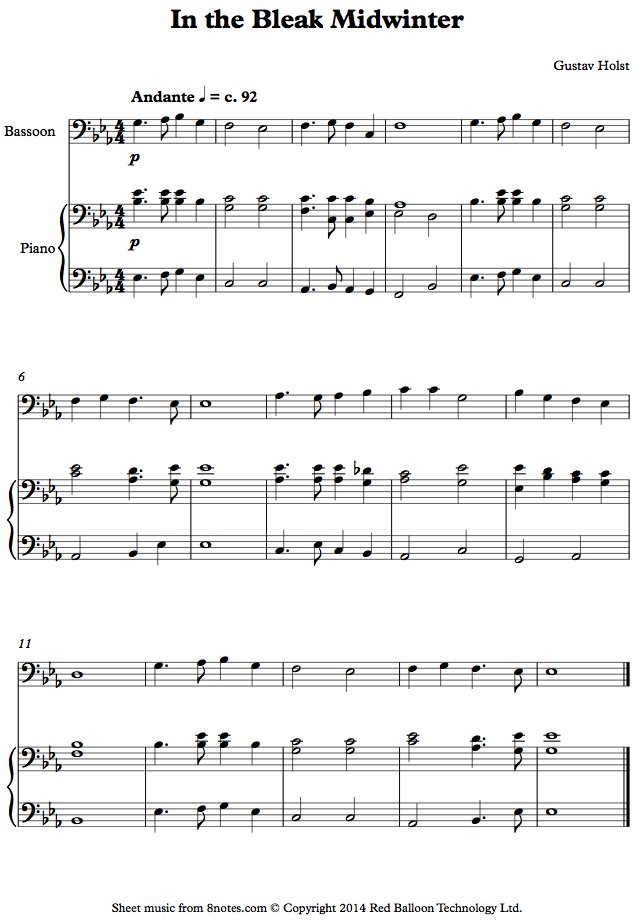 Holst - In the Bleak Midwinter sheet music for Bassoon Holst - In the Bleak Midwinter sheet music for Bassoon