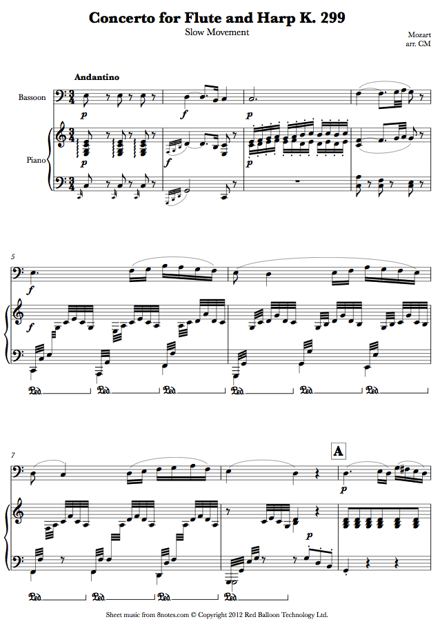Mozart Concerto for Flute and Harp K. 299 Slow Movement sheet music for Bassoon