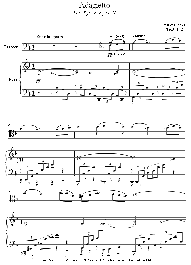 Mahler - Adagietto from Symphony No.5 sheet music for Bassoon Mahler - Adagietto from Symphony No.5 sheet music for Bassoon