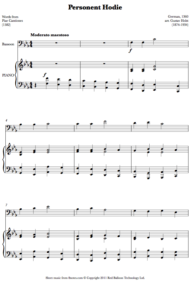Holst - Personent Hodie (Words from Piae Cantiones) sheet music for Bassoon Holst - Personent Hodie (Words from Piae Cantiones) sheet music for Bassoon