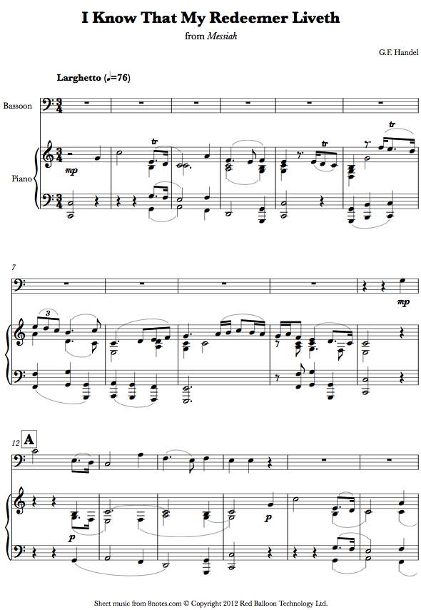 Handel - I Know That My Redeemer Liveth from Messiah sheet music for Bassoon Handel - I Know That My Redeemer Liveth from Messiah sheet music for Bassoon