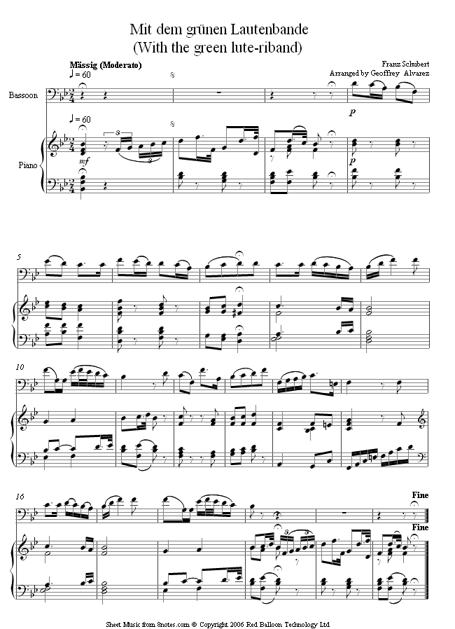 Schubert - With the green lute-riband sheet music for Bassoon Schubert - With the green lute-riband sheet music for Bassoon