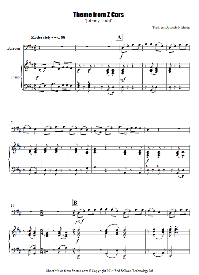 Theme from Z Cars (Johnny Todd) sheet music for Bassoon Theme from Z Cars (Johnny Todd) sheet music for Bassoon