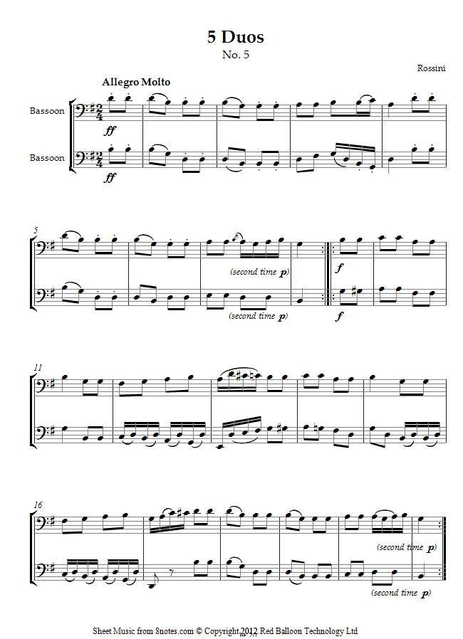 Rossini - 5 Duos No.5 Allegro Molto sheet music for Bassoon Duet Rossini - 5 Duos No.5 Allegro Molto sheet music for Bassoon Duet