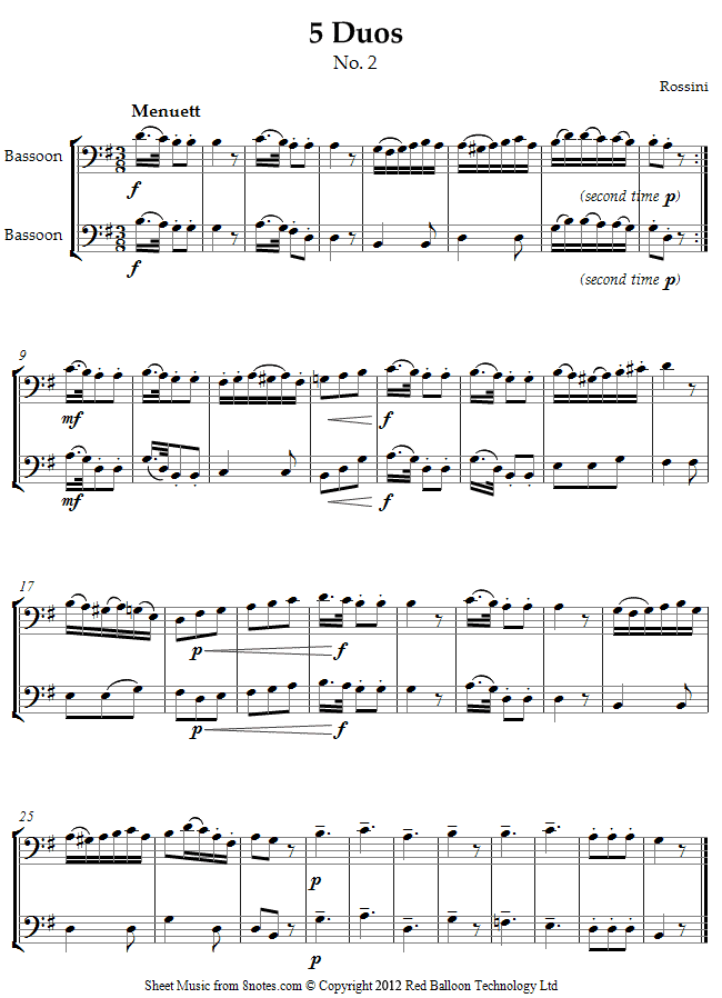 Rossini - 5 Duos No.2 Menuett sheet music for Bassoon Duet Rossini - 5 Duos No.2 Menuett sheet music for Bassoon Duet