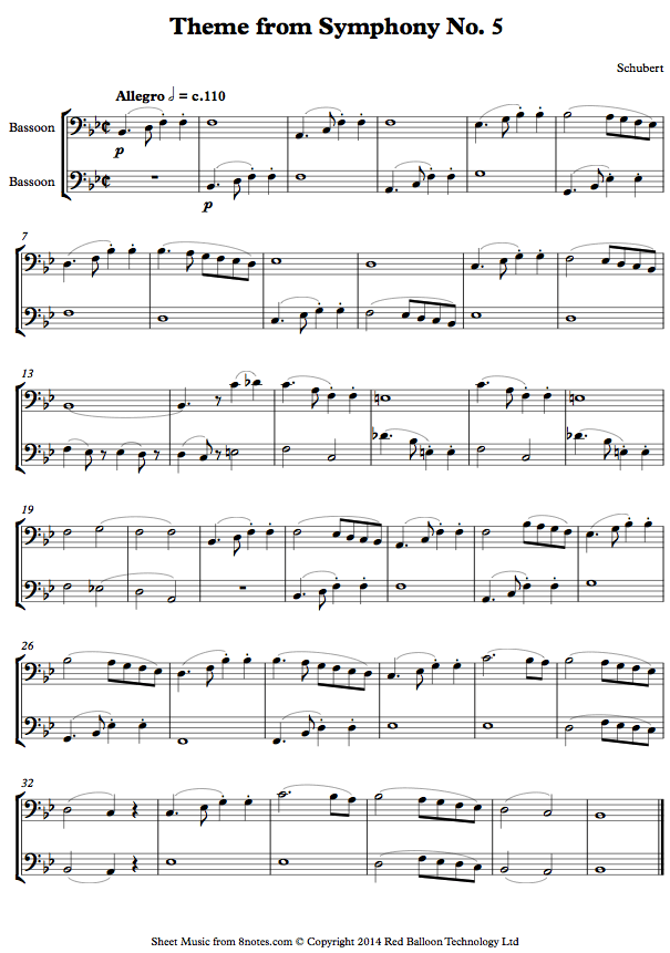 Schubert - Theme from Symphony No.5 sheet music for Bassoon Duet Schubert - Theme from Symphony No.5 sheet music for Bassoon Duet