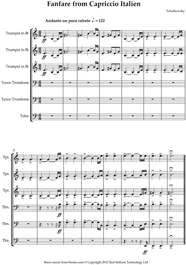 Tchaikovsky - Fanfare from Capriccio Italien sheet music for Brass Ensemble Tchaikovsky - Fanfare from Capriccio Italien sheet music for Brass Ensemble