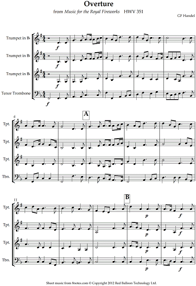 Handel - Overture from Music for the Royal Fireworks HWV 351 sheet music for Brass Quartet Handel - Overture from Music for the Royal Fireworks HWV 351 sheet music for Brass Quartet
